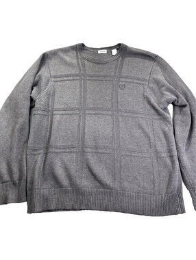 Izod Vintage Mens Pullover Textured Windowpane Cotton Sweater Sz L Gray Preppy